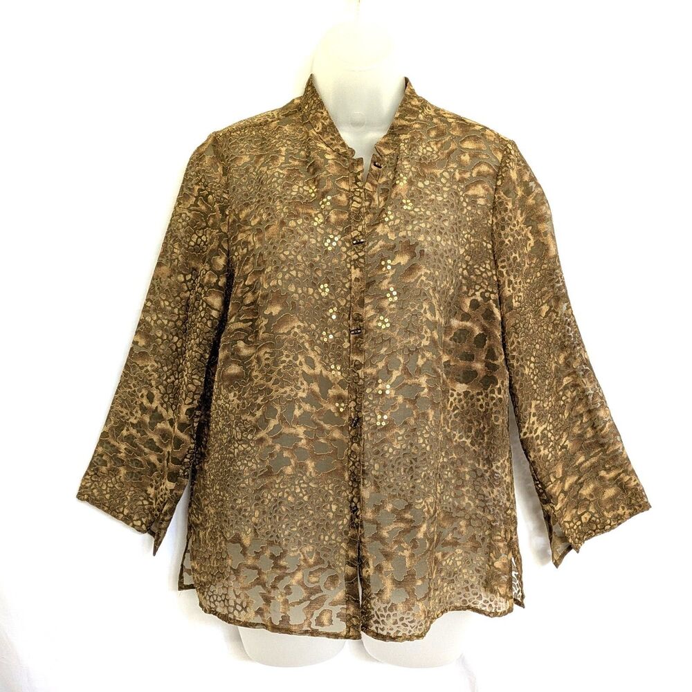 JH Collectibles M Sheer Burnout Blouse Brown Gold Animal Print Sequin Button
